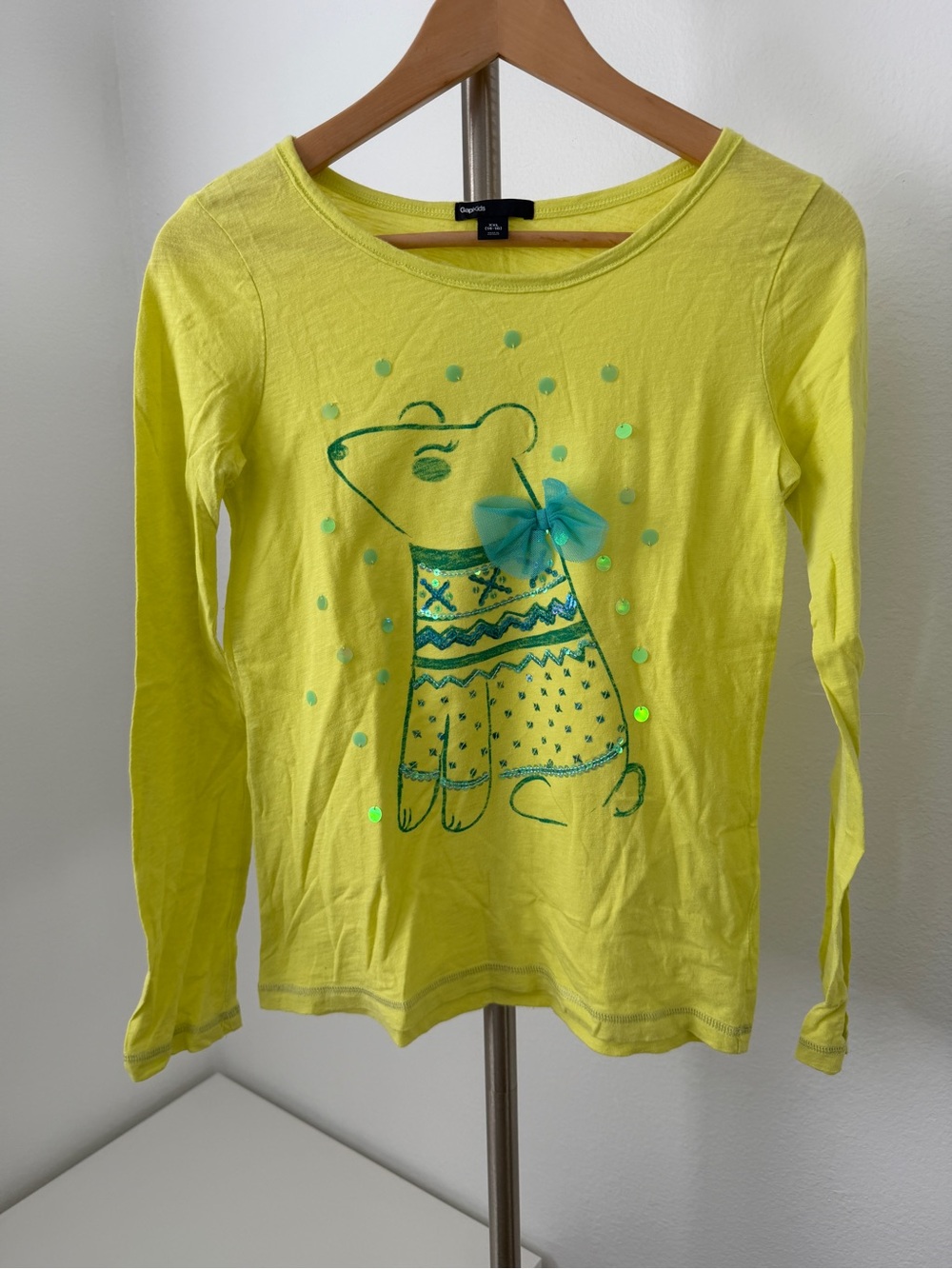 GAP Yellow Long-Sleeve Tee with Teal Graphic Bear and Bow
